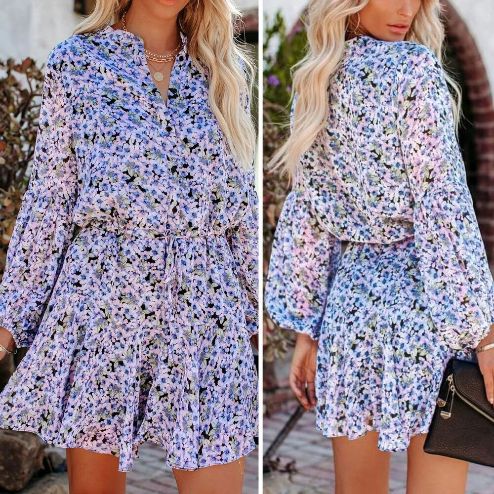 NWT VICI Francine Feminine Floral Modern Tie Waist Balloon Sleeve Dress M - Picture 5 of 15